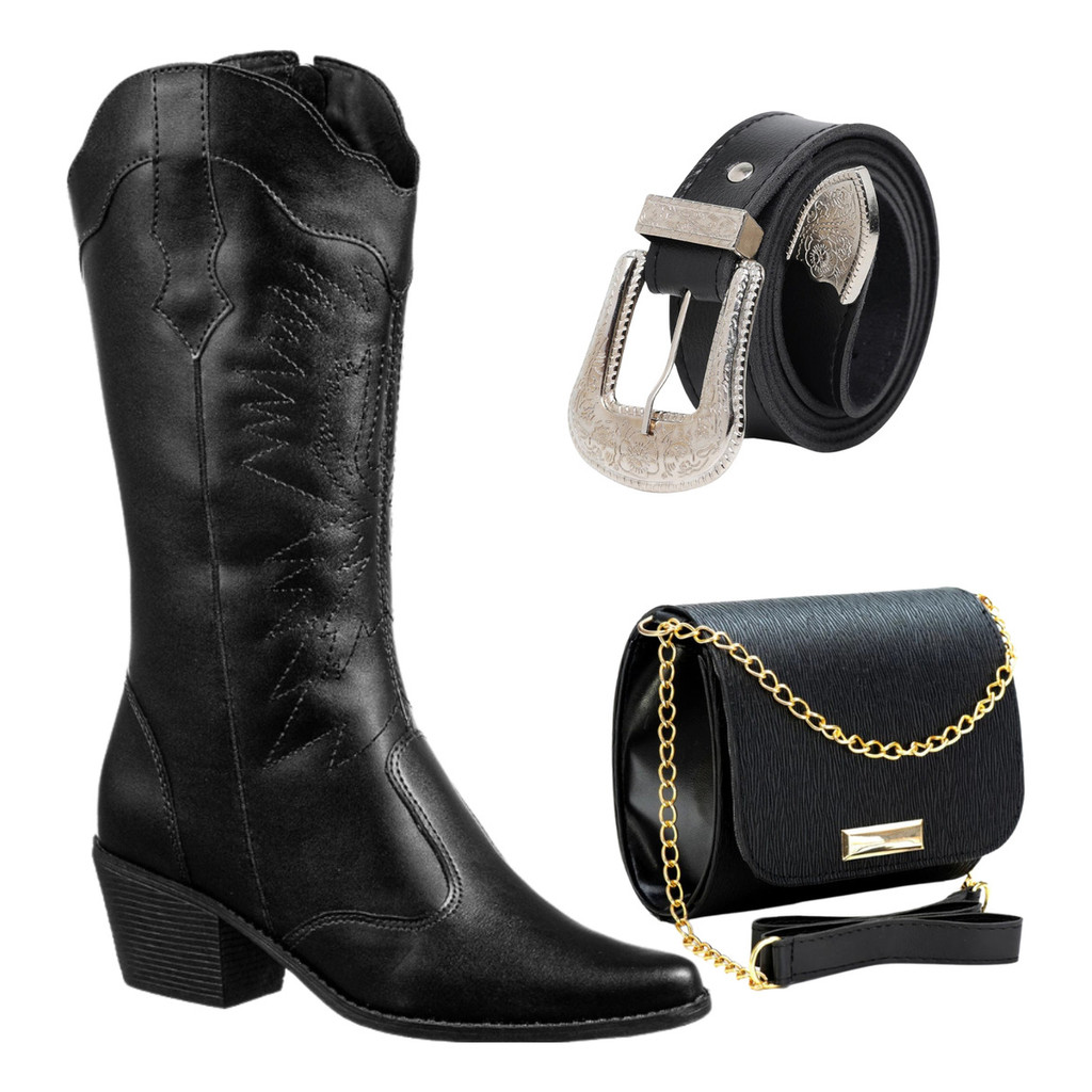 Bota Feminina Texana Bordada Western Salto Médio Cano Médio + Cinto Rodeio + Bolsa