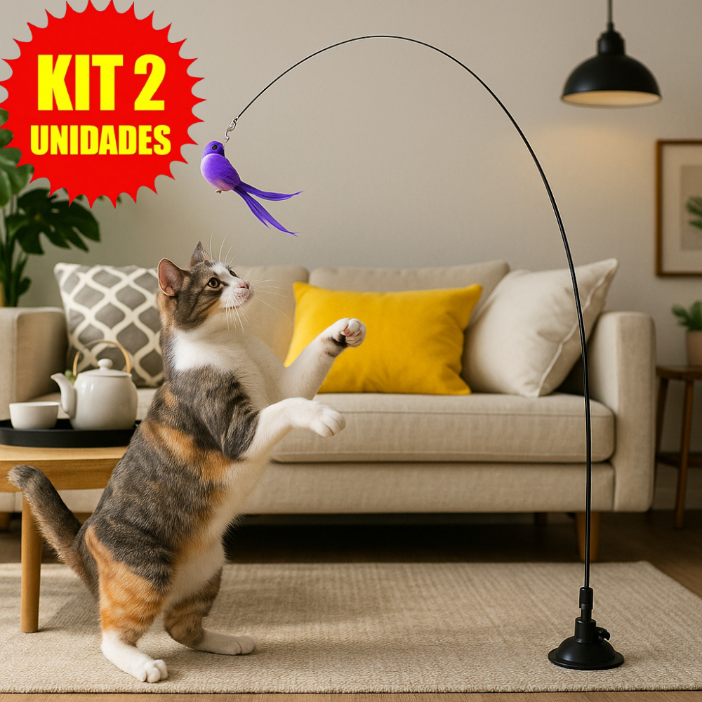 Brinquedo Varinha Gato Pena de Passaro Com Ventosa Fixa No Chao