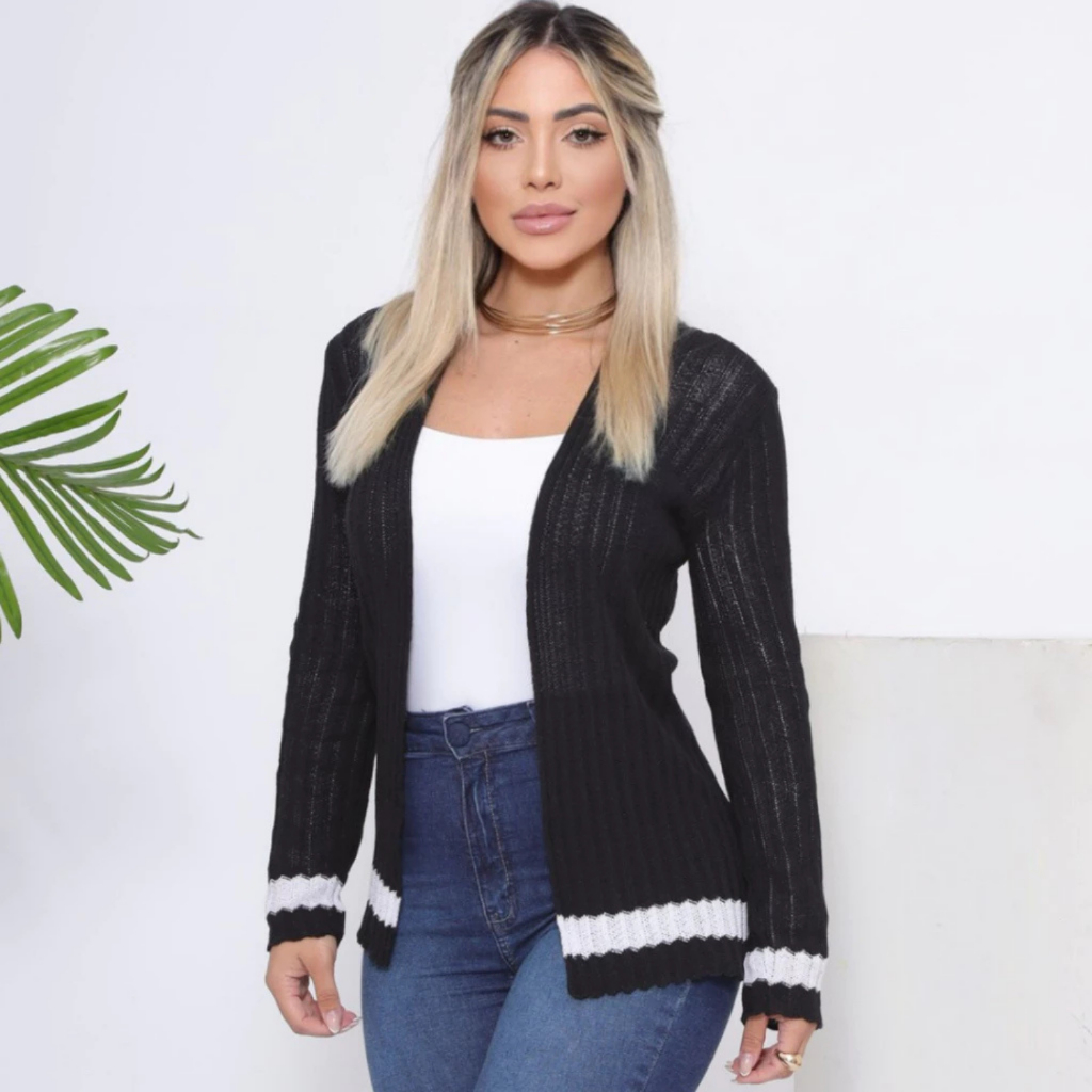 Casaquinho Tricot Feminino Canelado Fashion Coringa 2 Cores