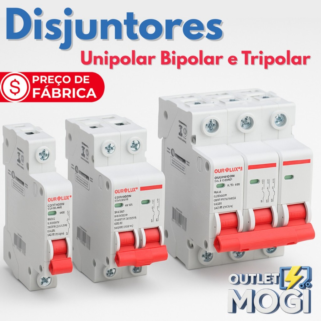 Disjuntor Unipolar Bipolar Tripolar 10A a 63A Amperes 127V 220V Curva C Termomagnético Din Ourolux