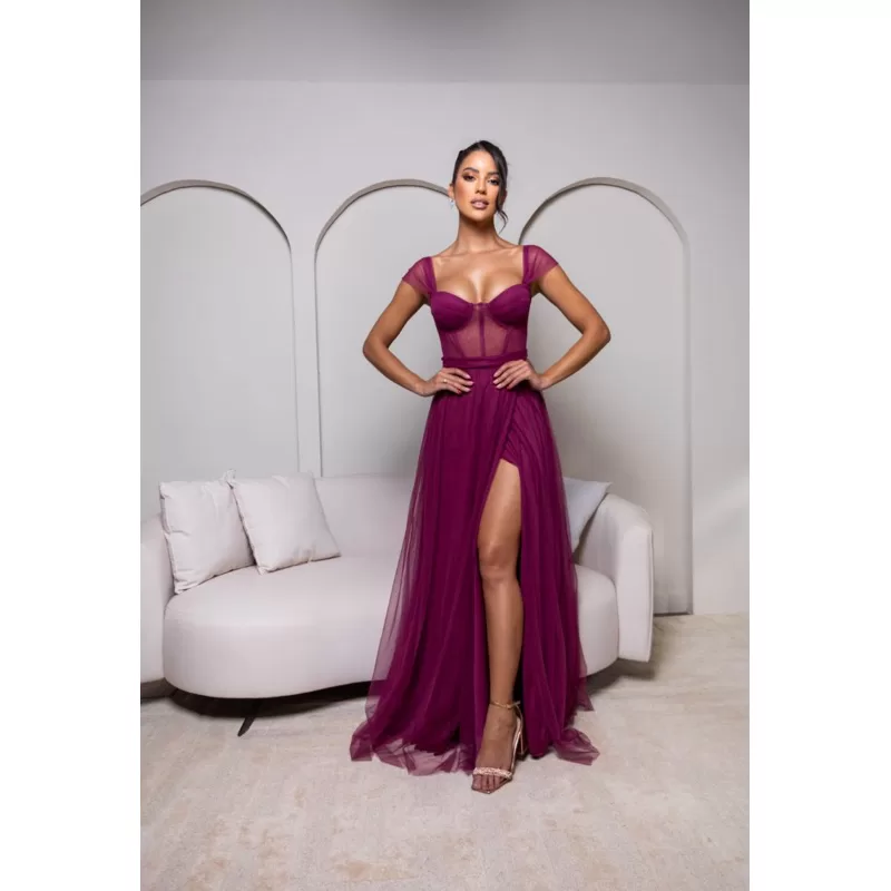 vestido de festa longo madrinha formatura casamento convidada debutante elegante tule fuscia