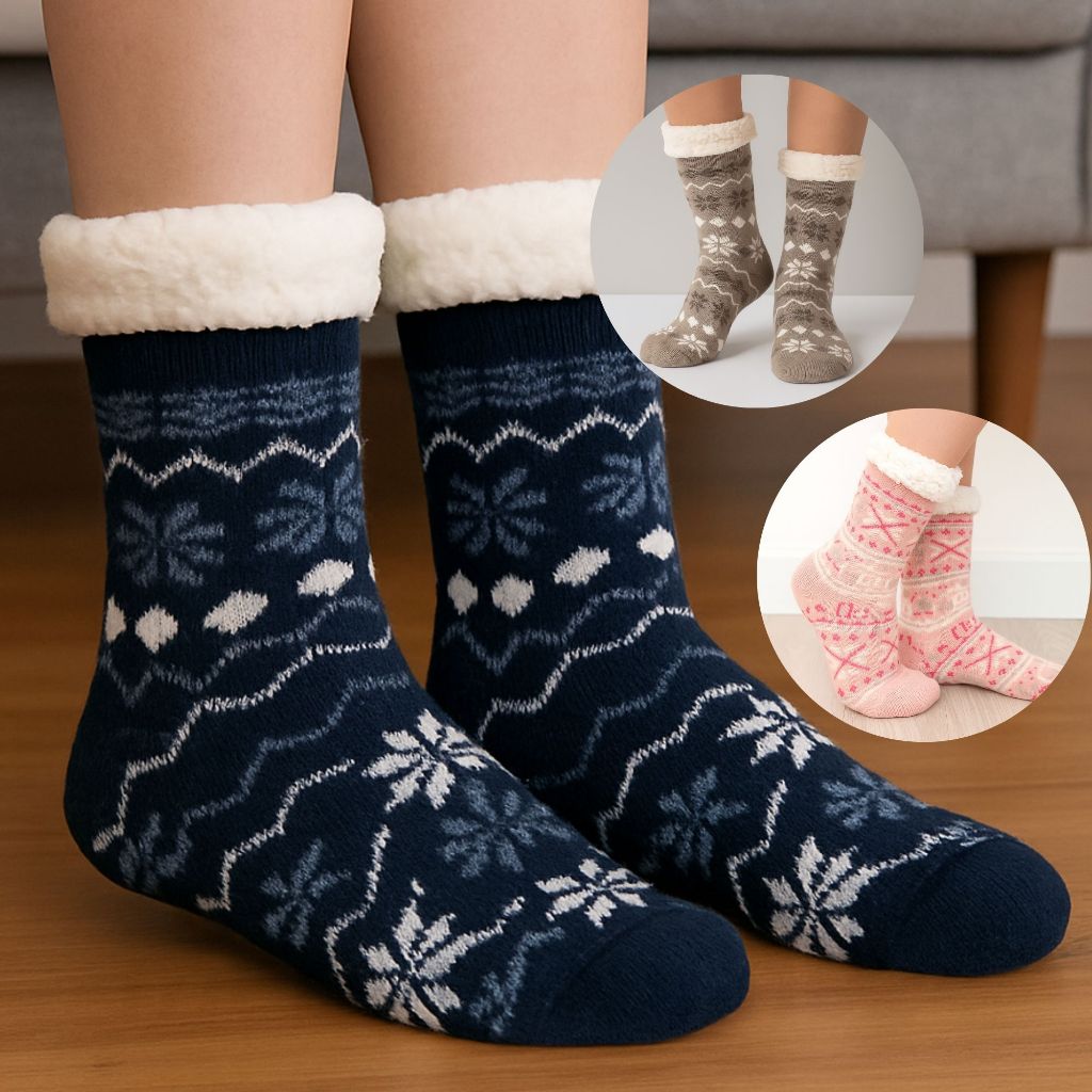 Kit 2 Pares Meia Grossa Inverno Lã Felpuda Cano Alto Pelo Carneiro Natal