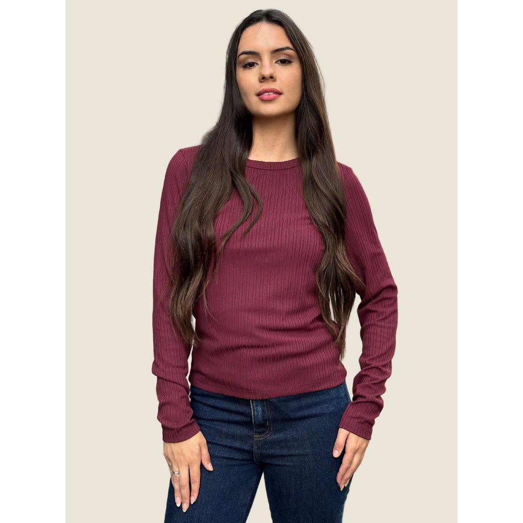 Blusa de Frio Feminina Canelada Manga Longa Ajustada Dzarm