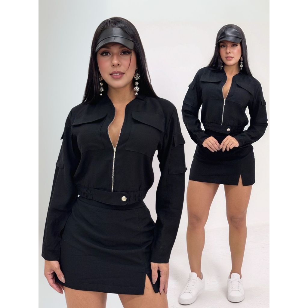 Conjunto Feminino Alfaiataria Jaqueta Bomber e Shorts Saia Cargo Estiloso
