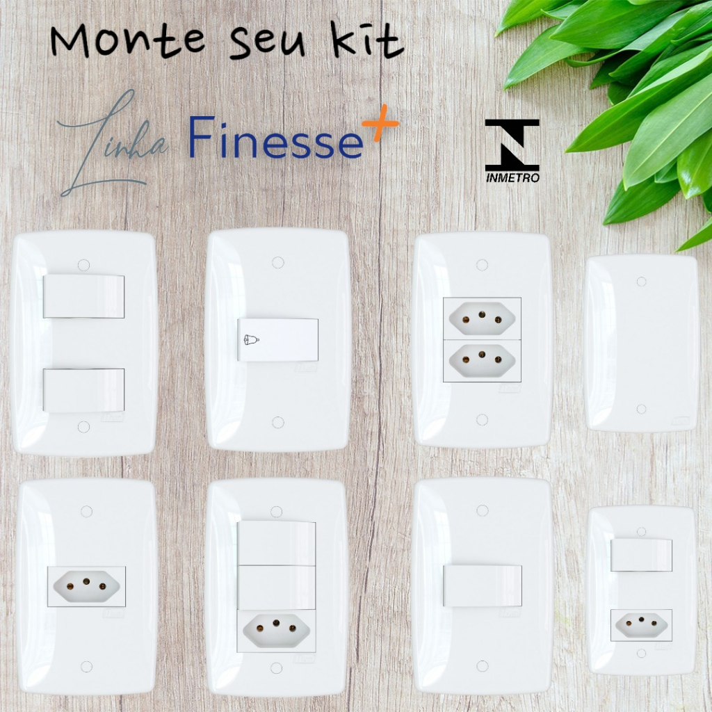 Tomadas 10A 20A Interruptores Simples e Paralelo Placas e Campainha – Linha Finesse+ Blux