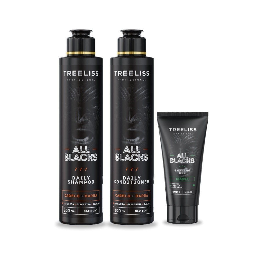 Kit All Black Masculino Barba e Cabelo Cuidados Treeliss
