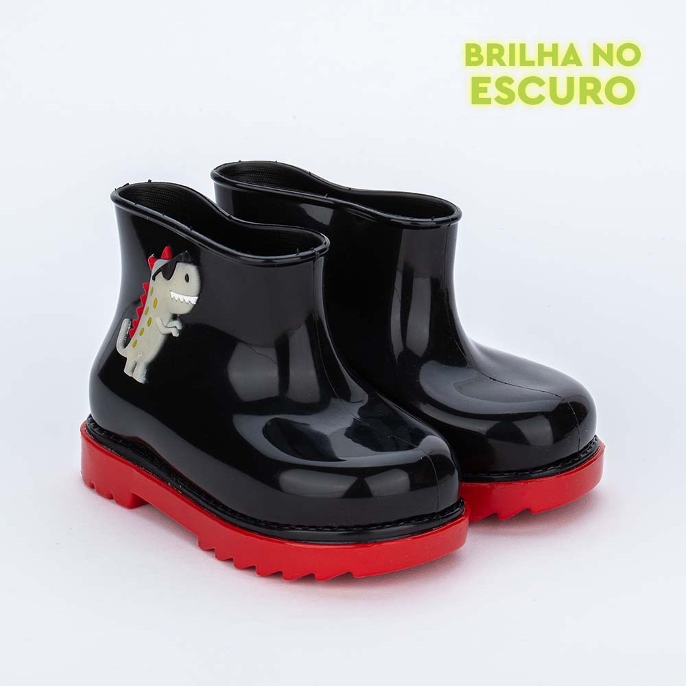 Galocha Bebê Mar e Cor Dinossauro Brilha no Escuro Preto