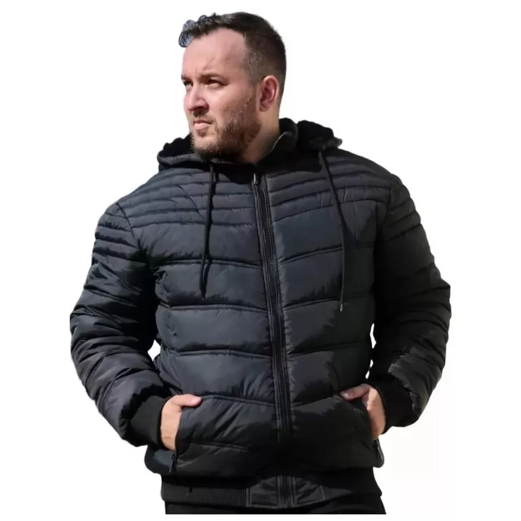 Jaqueta Bobojaco de Nailon Plus size masculina forrada com pelos e capuz removivél