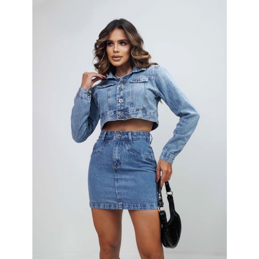 Conjunto Jeans Feminino  Jaqueta e Saia Cintura alta Tendência 128
