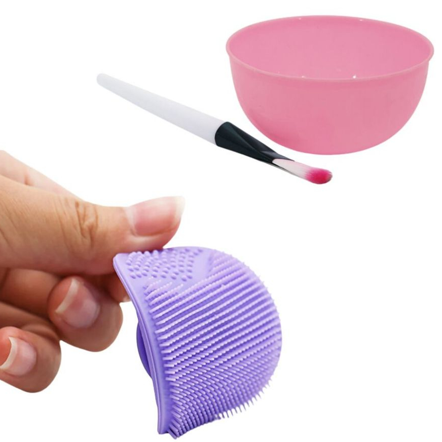 Kit de Maquiagem com Esponja de Siliconado, Pincel de Maquiagem e Cuia Rosa