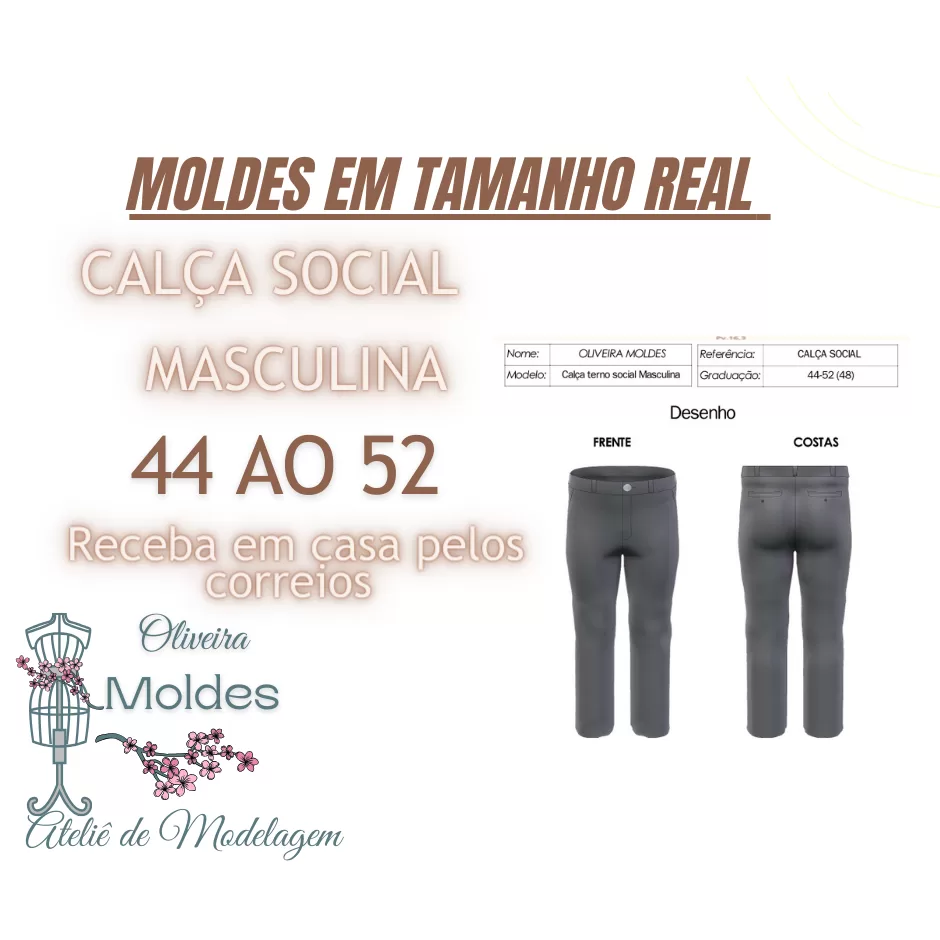 MOLDE CALÇA SOCIAL MASCULINA TERNO, IMPRESSO EM TAMANHO REAL.