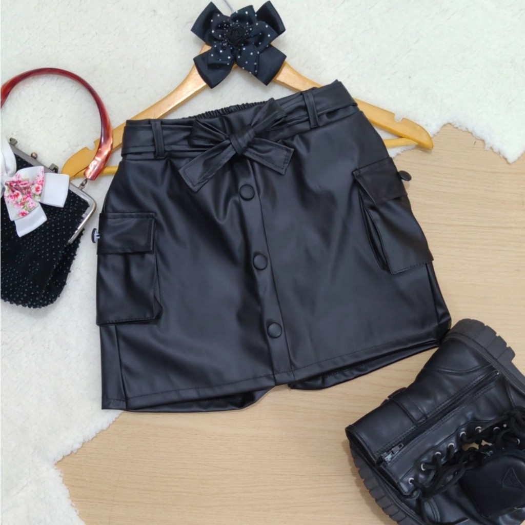 Short Saia infantil 4-14 Anos Modelo Femenino Moda Blogueirinha Couro Sintético