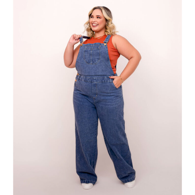 Jardineira Calça Macacão Jeans Plus Size Feminin