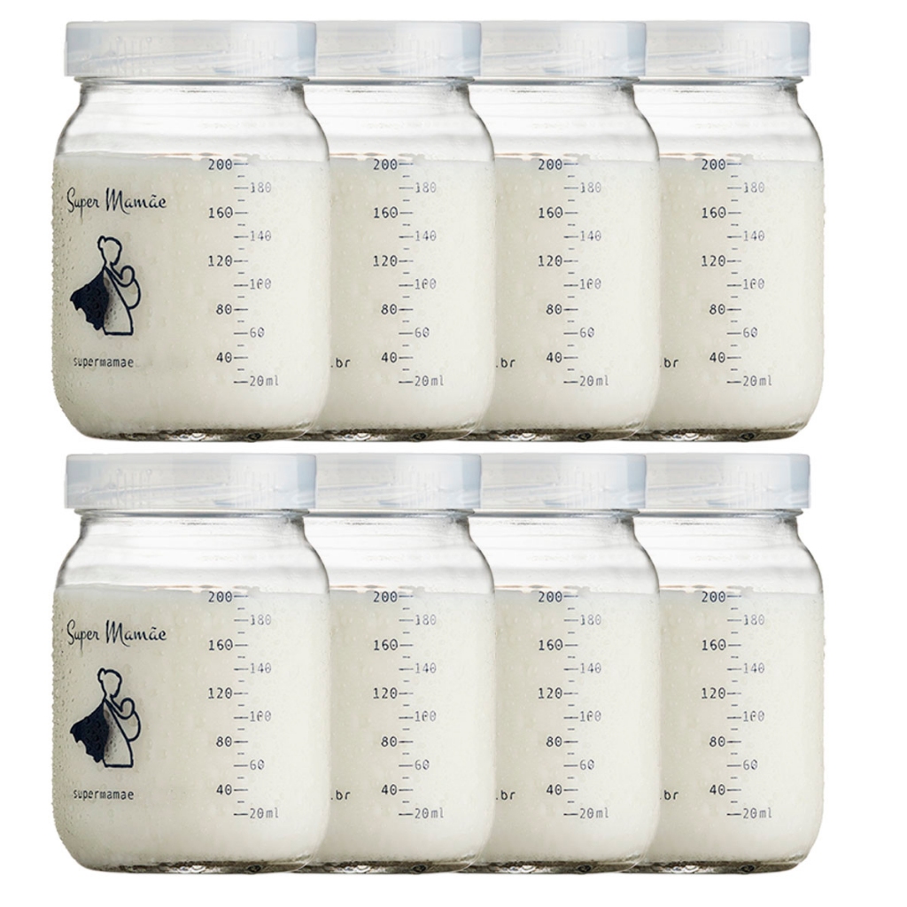Kit 8 Potes de Vidro 200ml para Leite Materno  BPA Free e Graduação