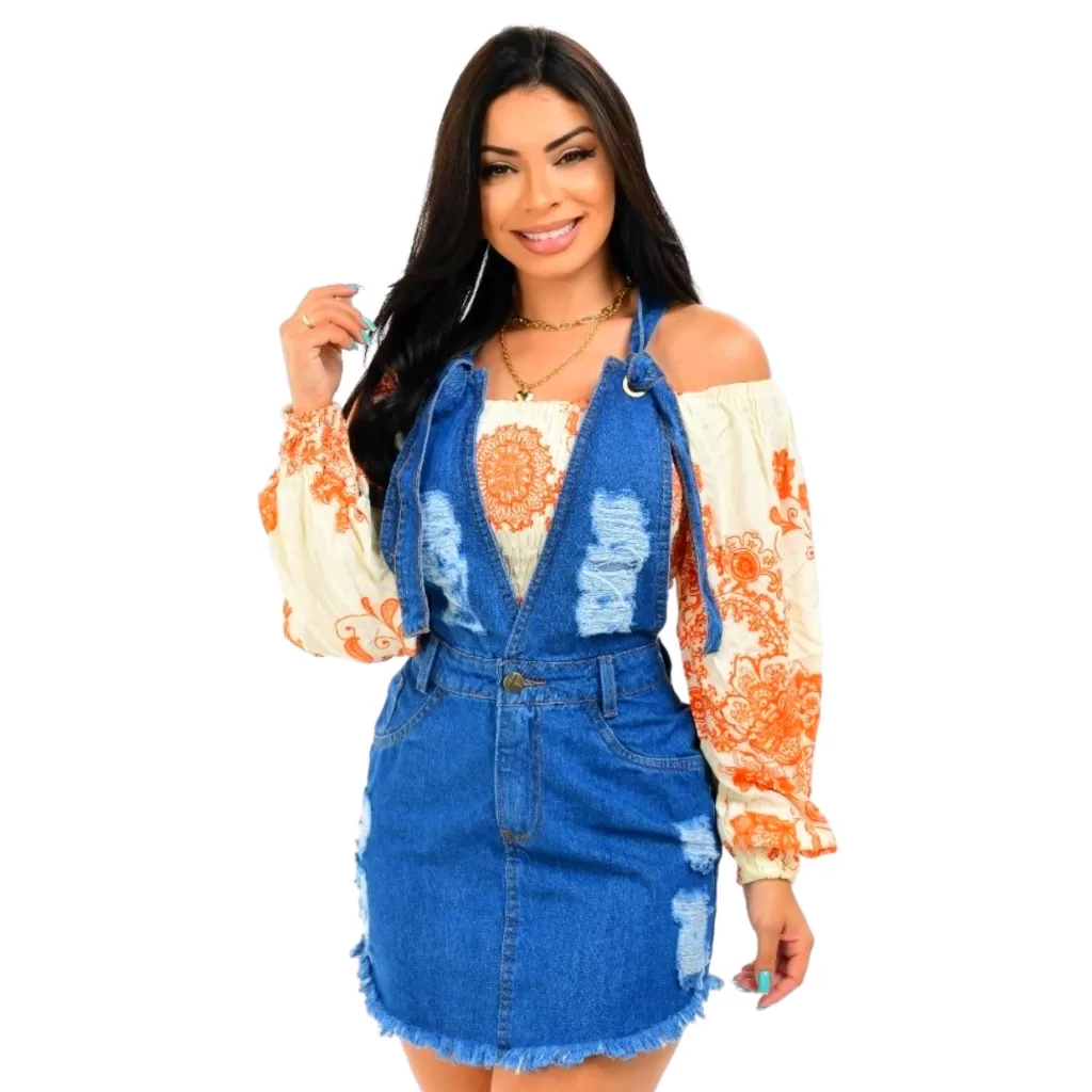Jardineira Decotada Saia Jeans Moda Feminina
