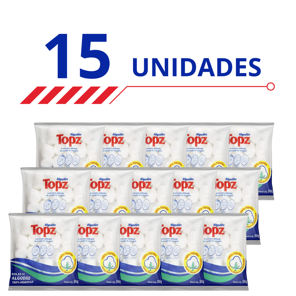 Kit 15 Algodão Topz em Bolas Hidrófilos Puros Macios e Absorventes 50g