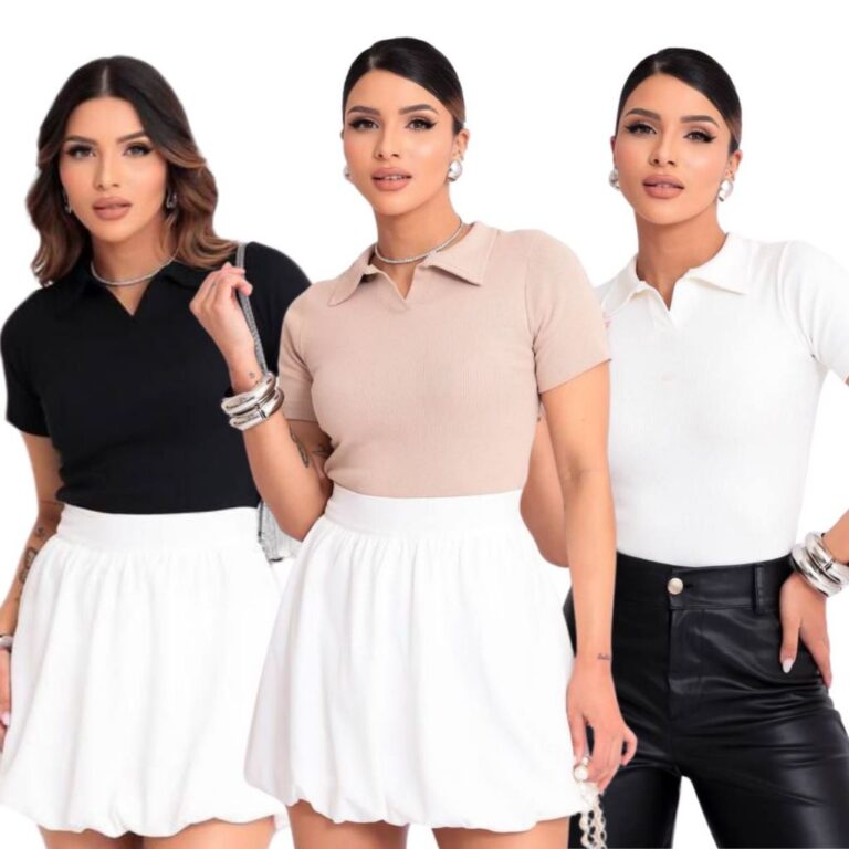 Kit 3 Blusa Gola Polo Manguinha Curta Moda Feminin