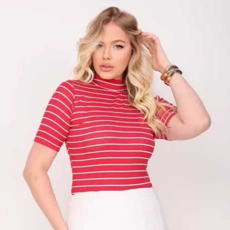 Blusa Manga Curta Gola Alta Feminina Básica Slim 