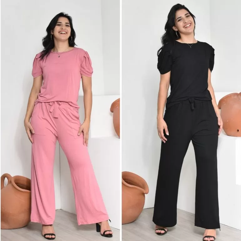 Kit 2 Conjuntos Feminino Elegante Casual Chic Pantalona e Blusa Princesa em Viscolycra