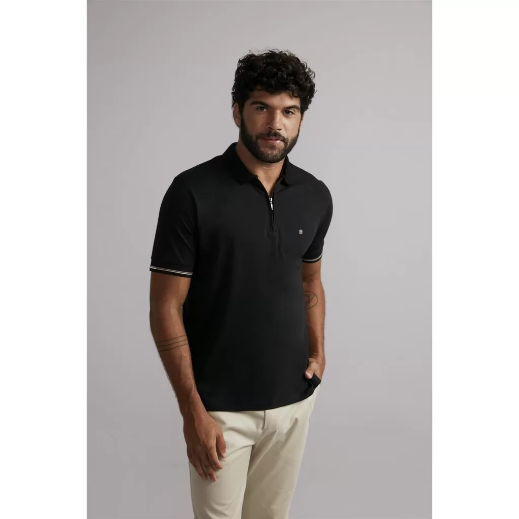 Polo com Zíper Comfort Malha Premium – Preto