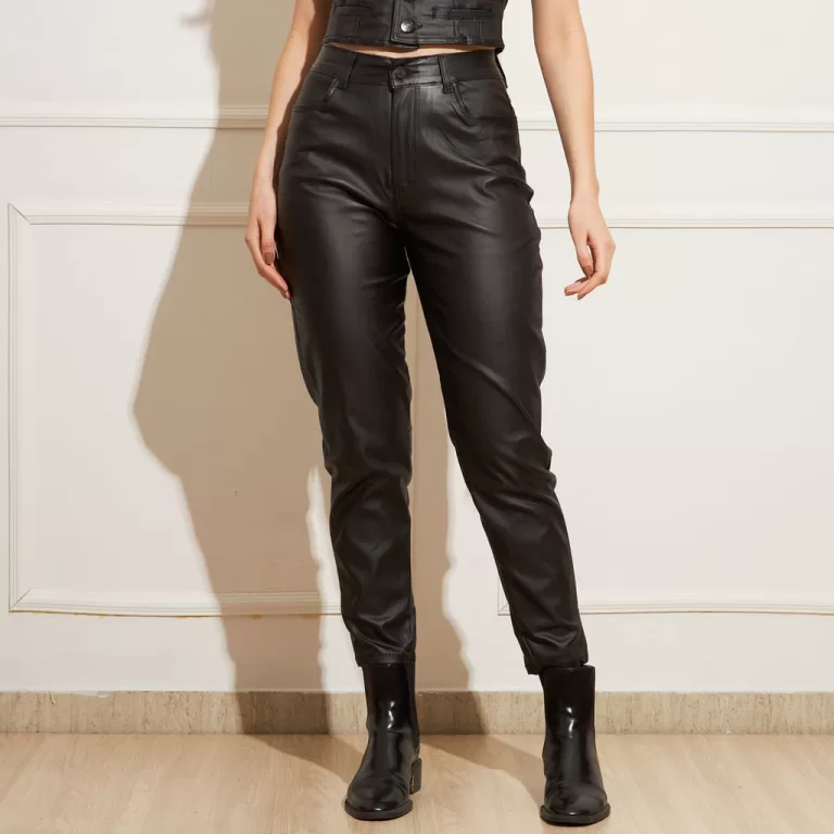 Sawary Calça Feminina Mom Couro Ecológico Cintur
