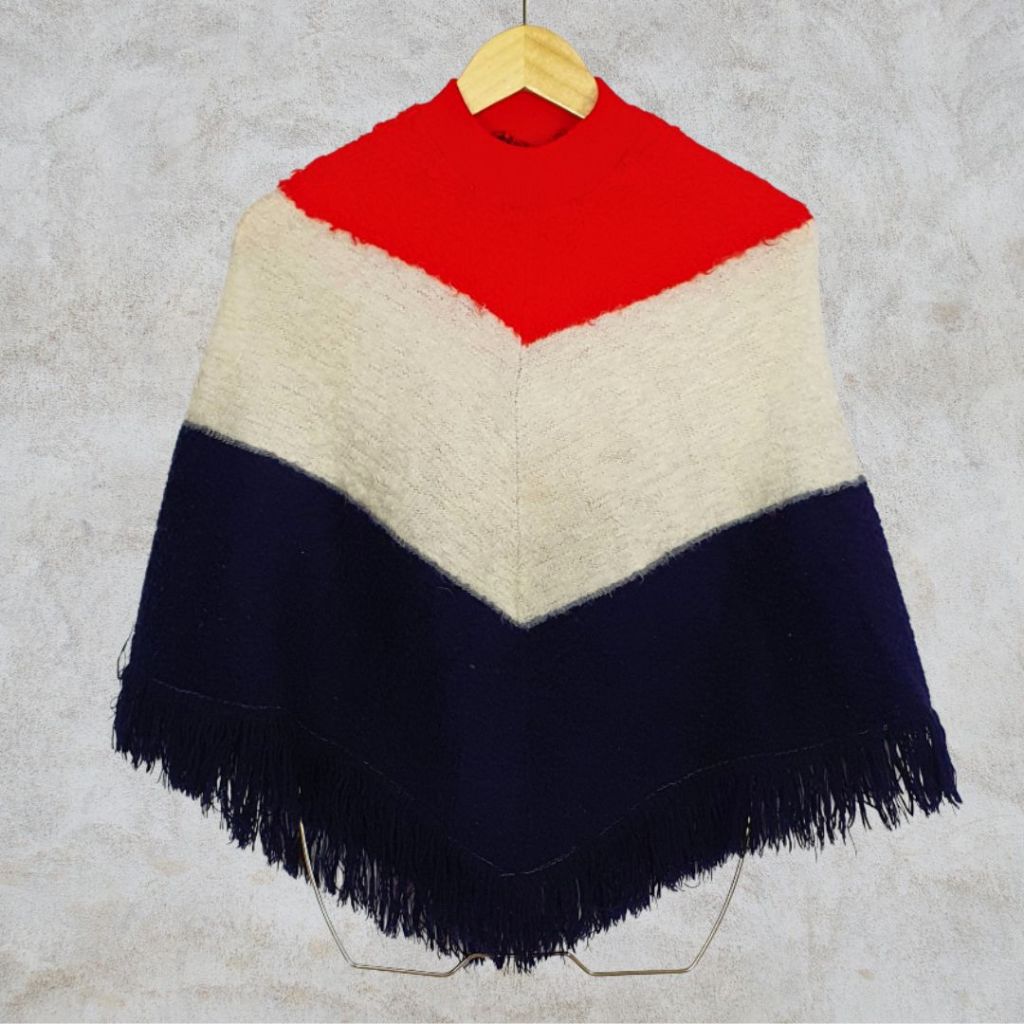 poncho tricô tricolor vintage anos 70