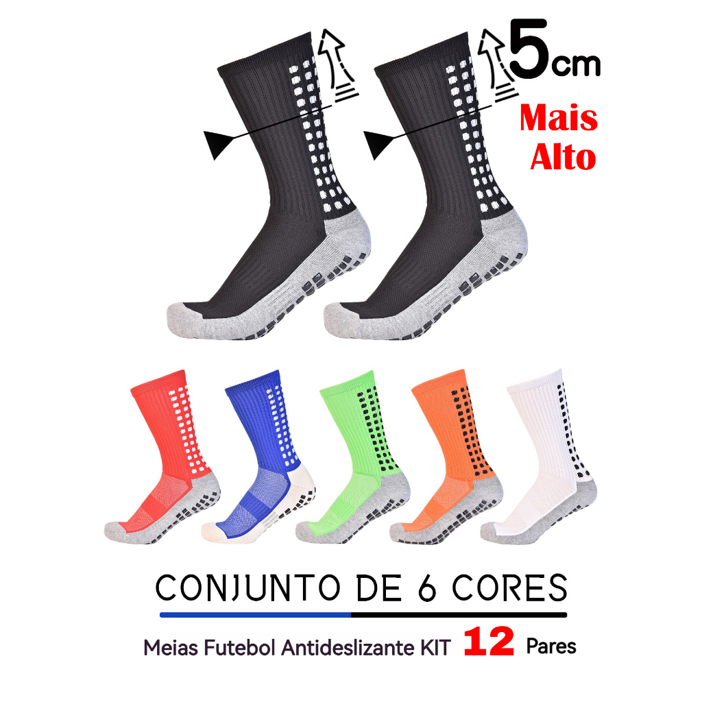 Kit 12 Meias de Futebol Masculino Profissional Cano Alto Antiderrapante e Pespirável Para Treino
