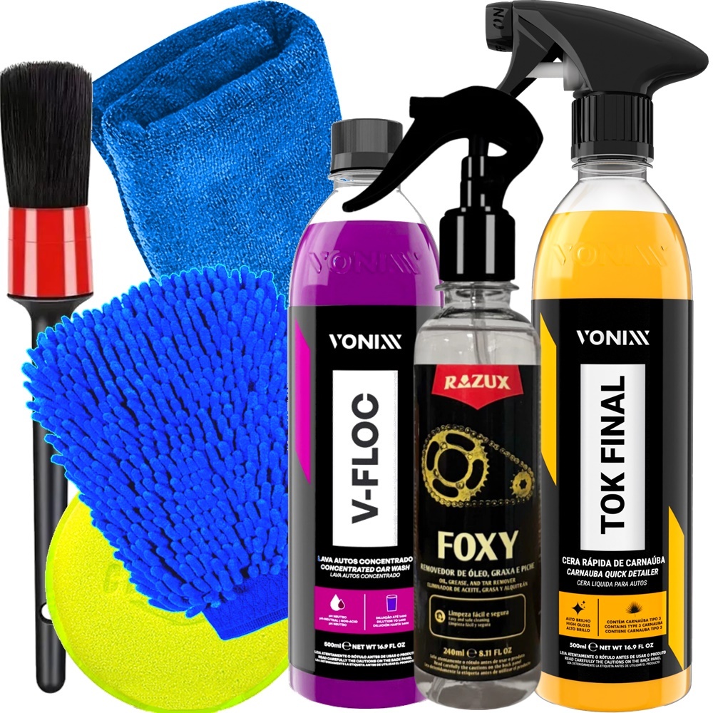 Kit Completo Vonixx Lavagem Automotiva V-Floc 500ml Cera Tok Final 500ml Vonixx Limpador Foxy 240ml