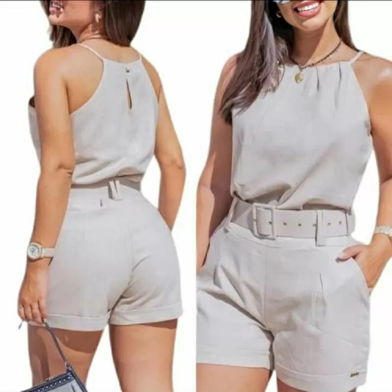Conjunto Shorts Blusinha com cinto linho Plus