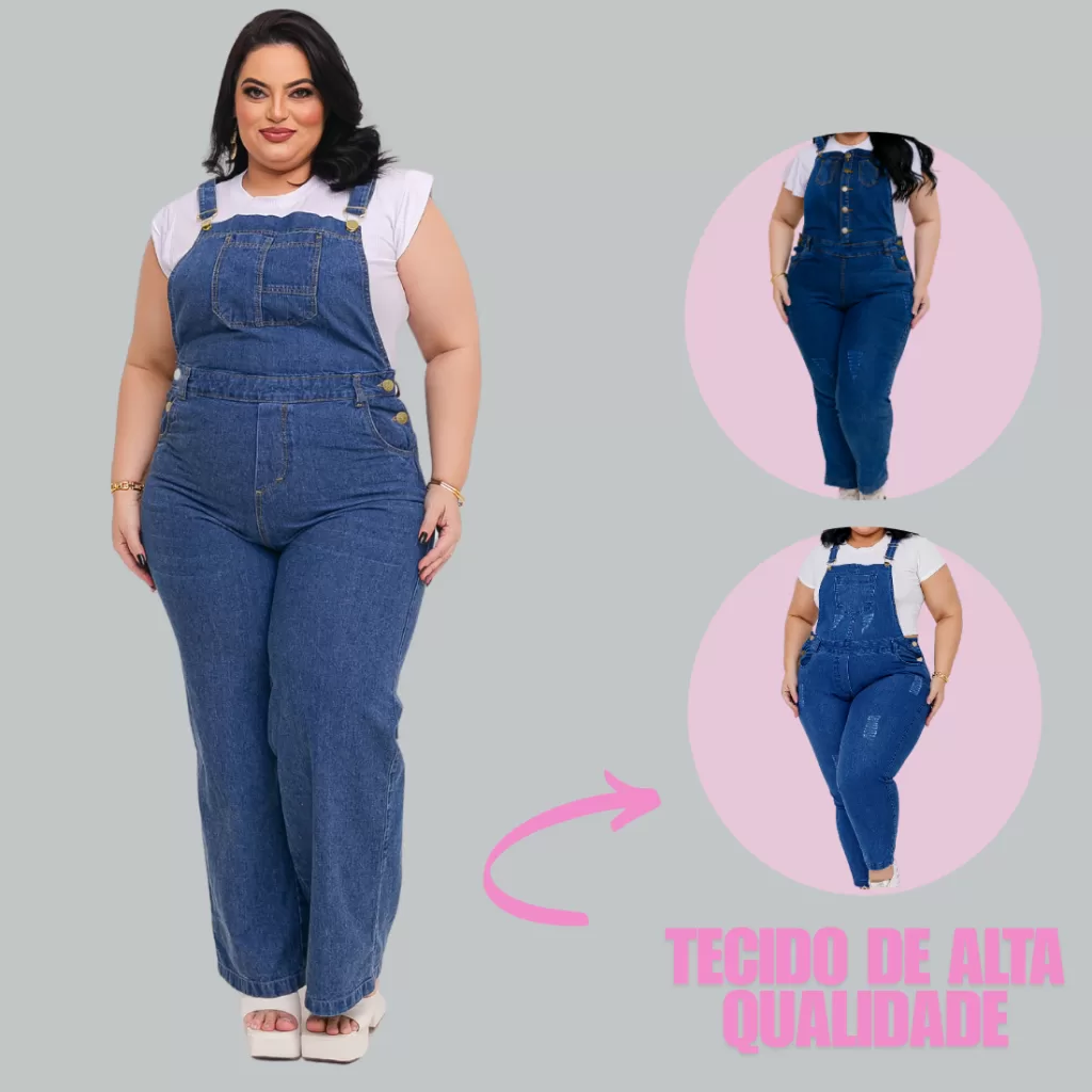Jardineiras Calça Jeans Plus Size Cintura Alta Pantalona