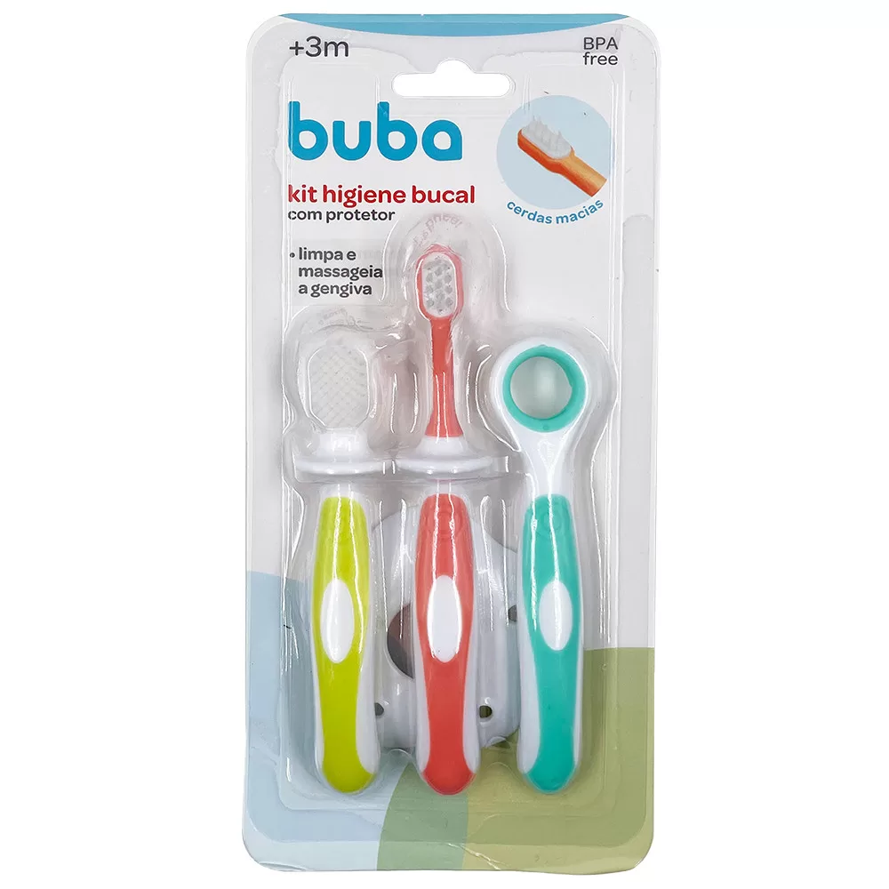 Kit Higiene Bucal Limpador Massageador Gengiva Bebê 3 Peças Coloridas Infantil Com Protetor E Cerdas
