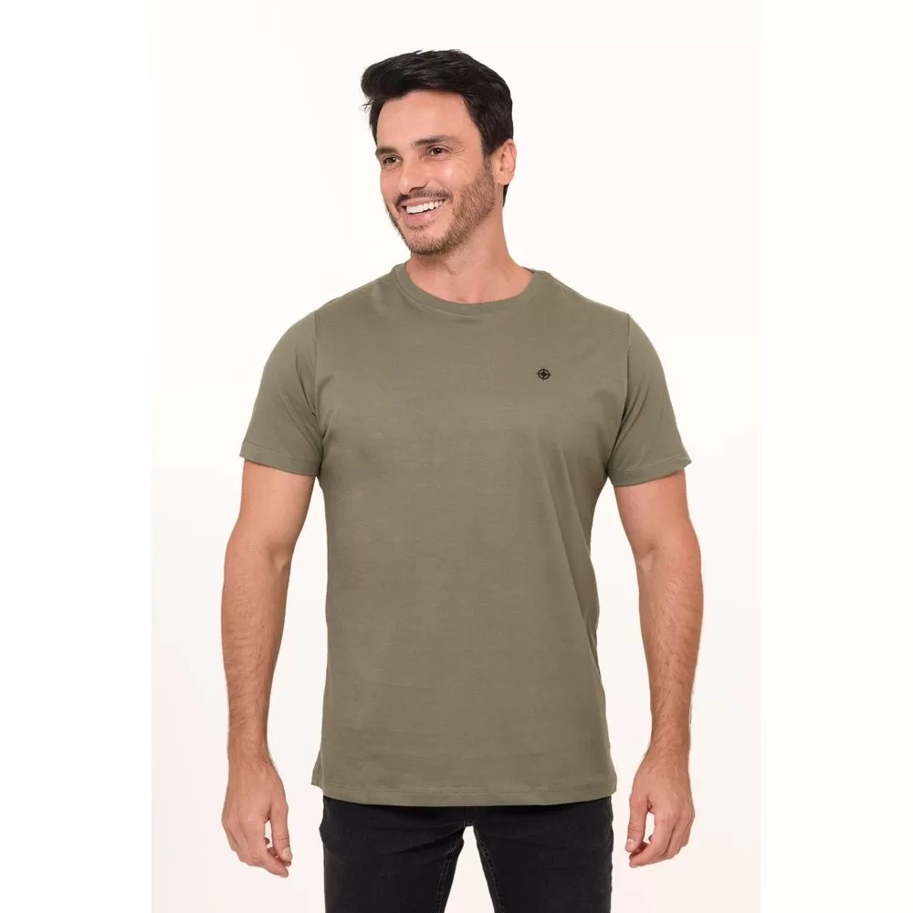 Camiseta Blusa Masculina Algodão Premium Casual Slim Lisa Verde Oliva Camisa Gola Redonda Costura Re
