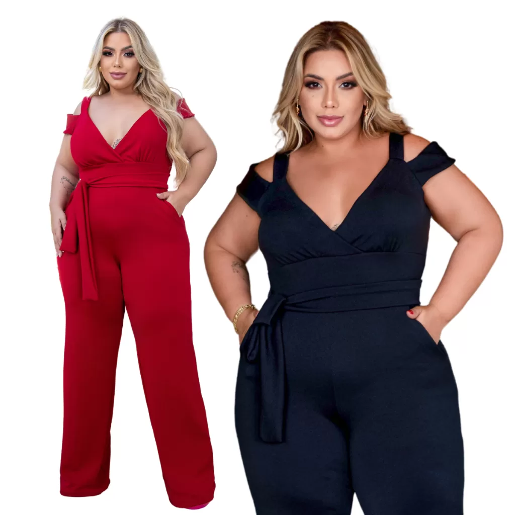 Macacão  Feminino Longo Plus Size Pantalona Transpassado Com Cinto Tendência Forro Duplo No Busto