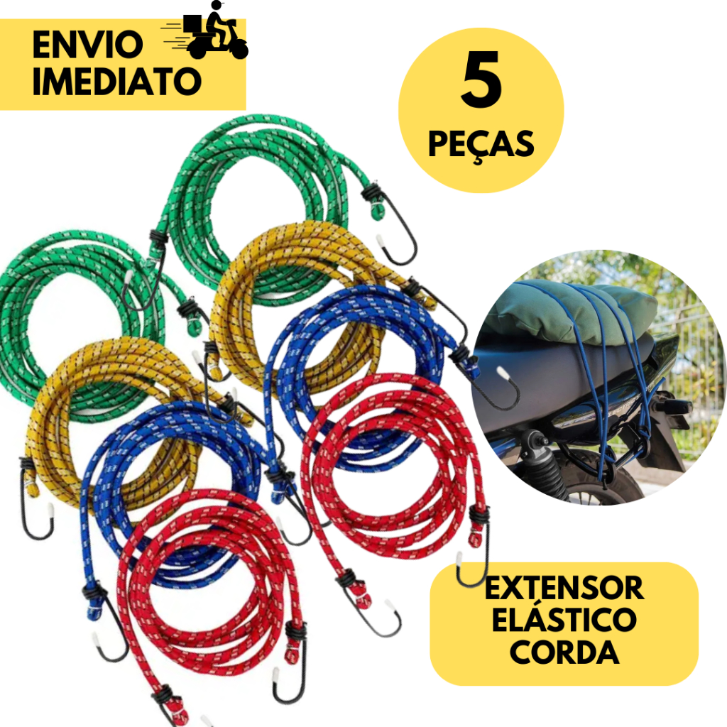 kit 5 Corda Elástica p/ Bagageiro com 2 Ganchos Tam 1,50mt x 8mm Moto Motoboy Amarrar Bagagens Bike