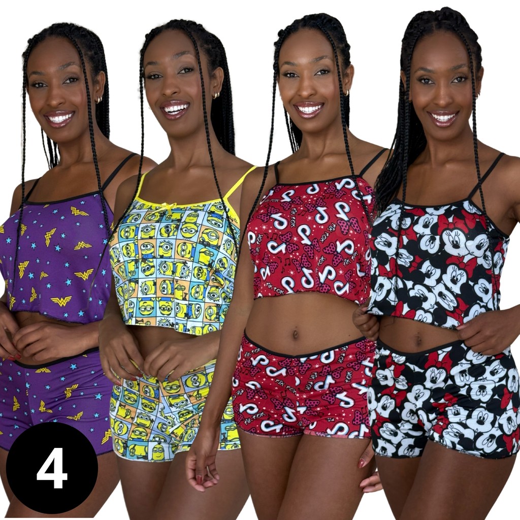 KIT 4 Pijama short dool baby Micro Estampado Blusa Curta Short Curto SAPEQUINHA