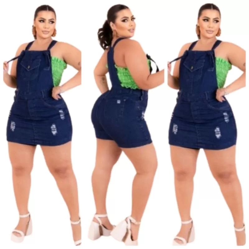 Jardinheira Short Saia Jeans Feminino Plus Size Mulher Lycra