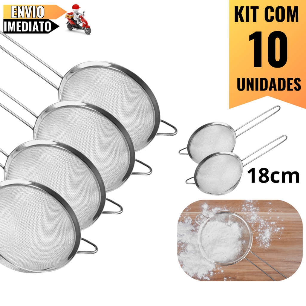 Kit com 10 Peneiras 18cm em Aço Inox  Ideal para Cozinhas Profissionais, Restaurantes e Uso Doméstic