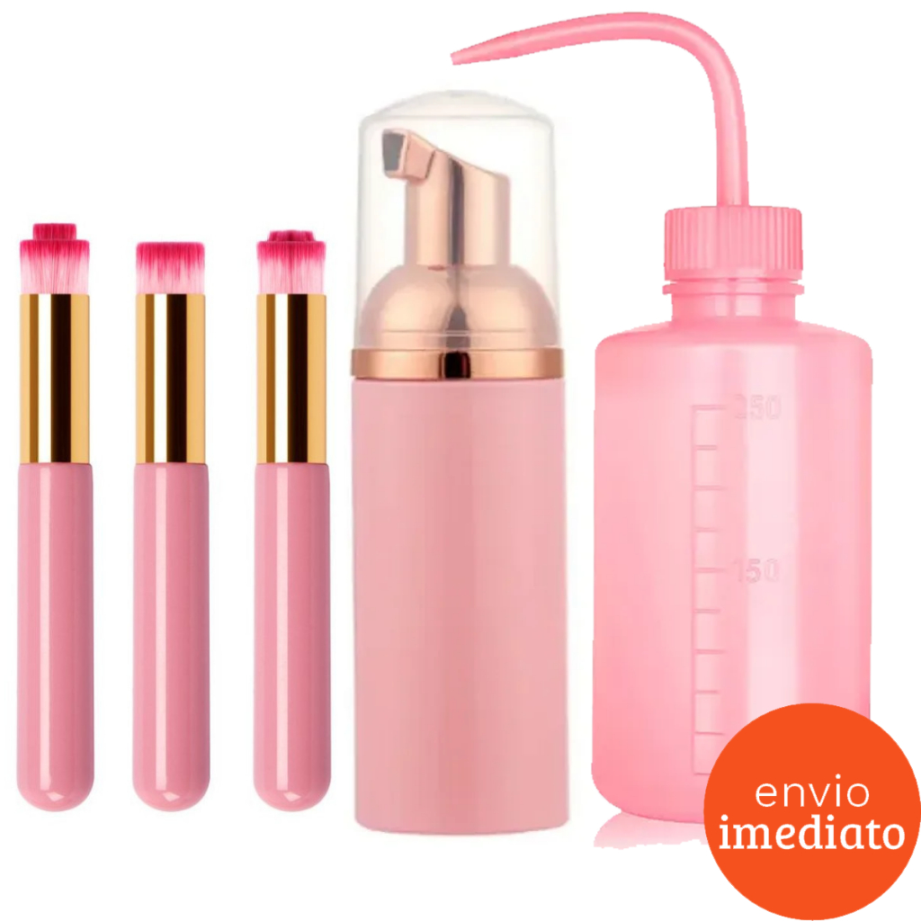 Kit Limpeza Extensão de Cílios Pump Espumador Pisseta e Pincel de Limpeza