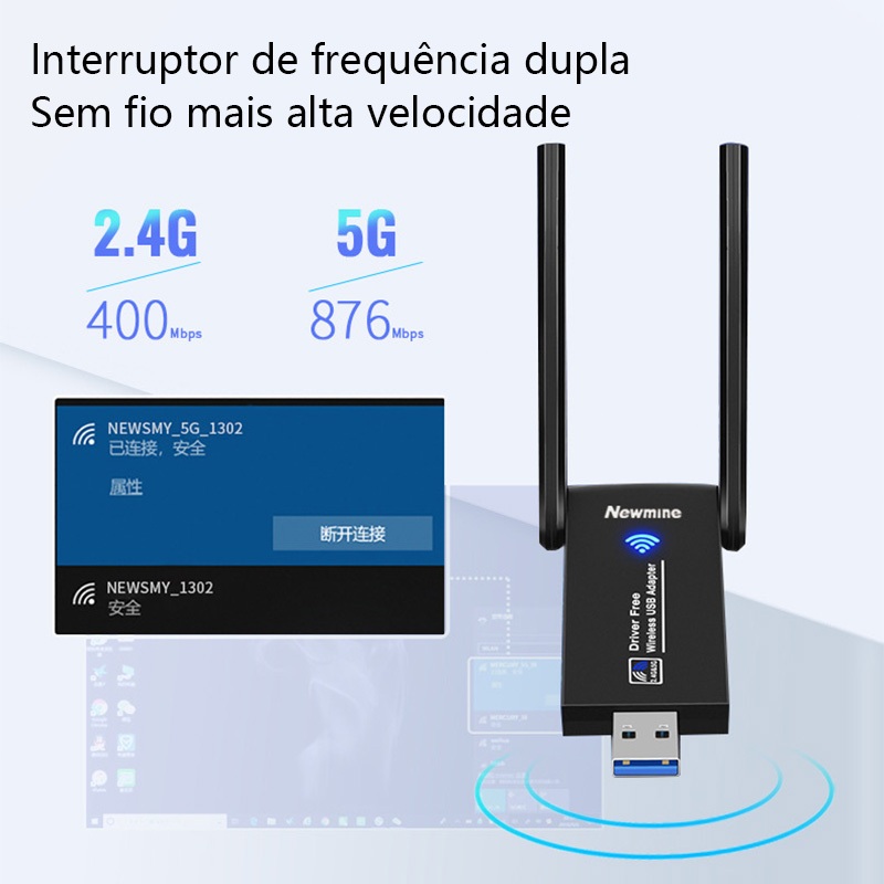 Adaptador Sem Fio USB Wifi 1200Mbps 4 Antena Placa de Rede Dual Band 5GHz para PC Janela Mesa  F11