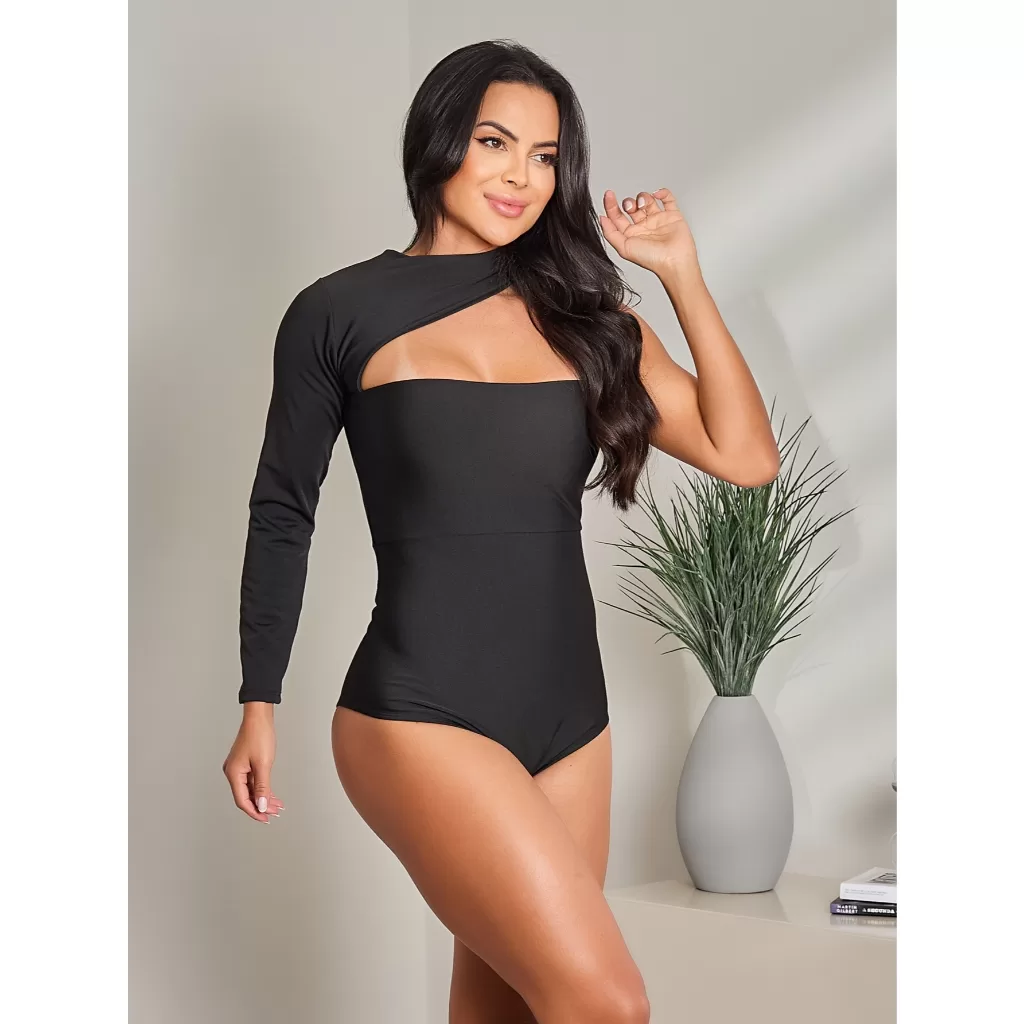 Body Feminino Detalhe No Busto Com  Uma Manga Ombro Nu Festa