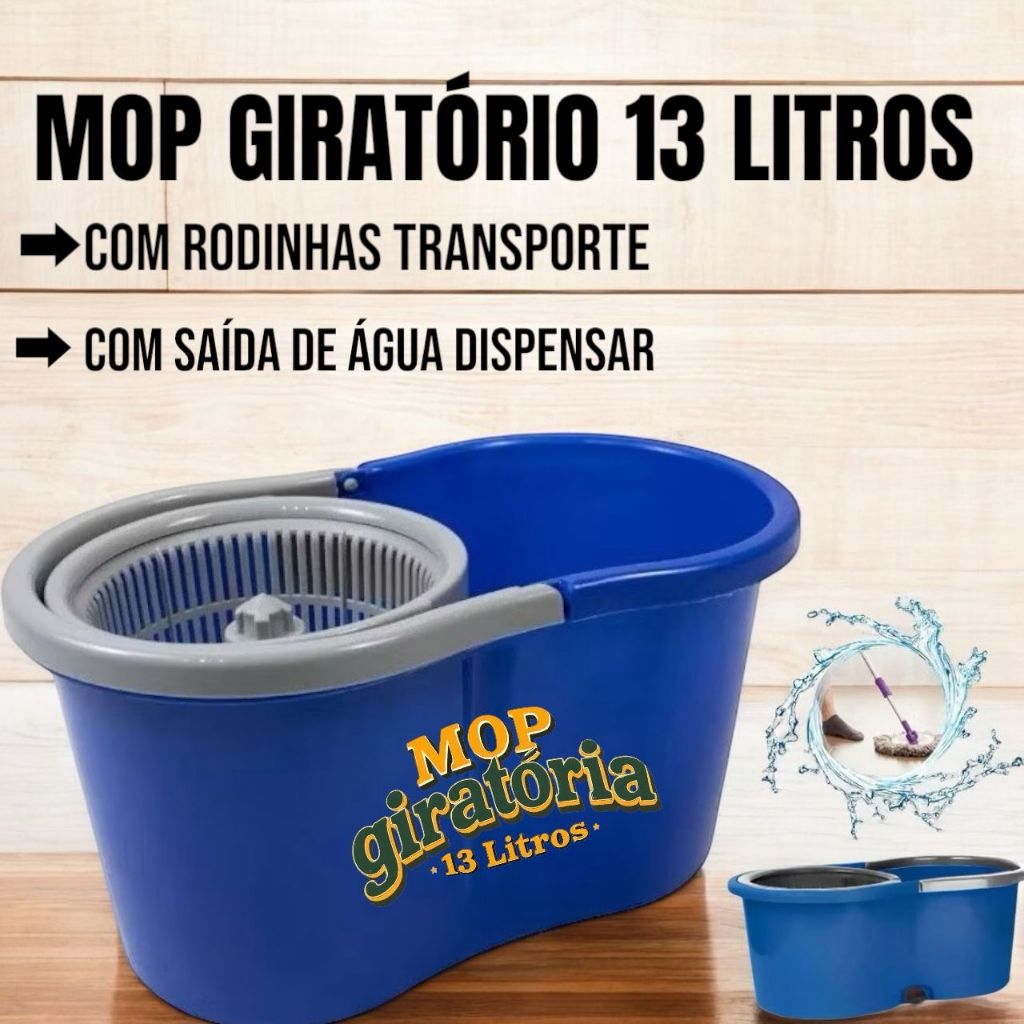 Esfregao MOP Giratorio 13 Litros Com Rodinhas e Saida de Agua Dispenser Cabo ReguláveldeAçoInox