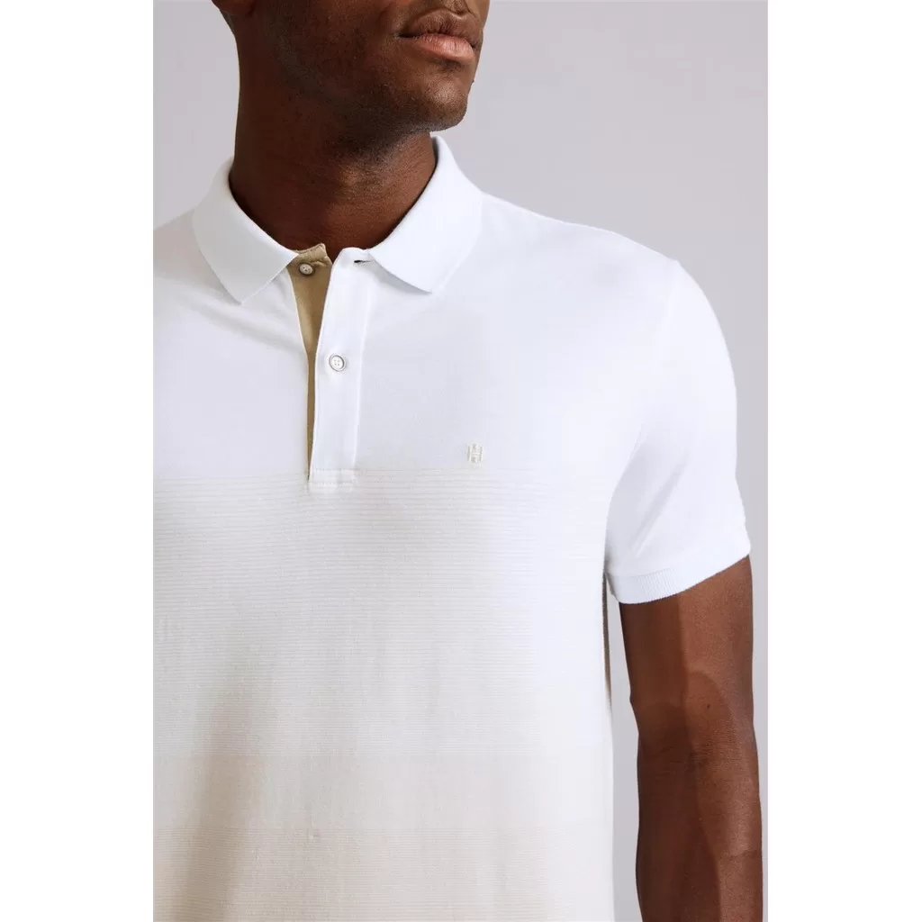 Camisa Polo Malha Slim Fit – Branco / Bege Areia