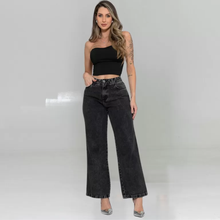 Calça Jeans Feminina Wide Leg Grafite Marmorizada