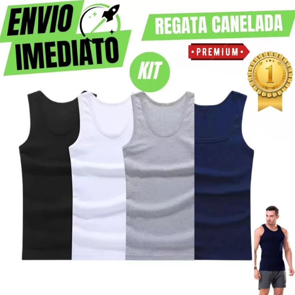 Jogo Regata Masculina Premium Modelo Americano Canelada Algodão e Elastano Malha Encorpada