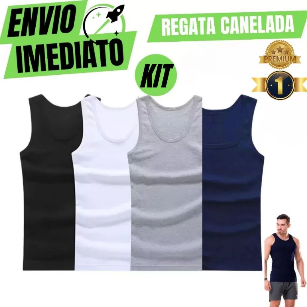 Kit Regata Masculina Canelada Premium Modelo Americano Algodão e Elastano Camiseta Lisa Básica