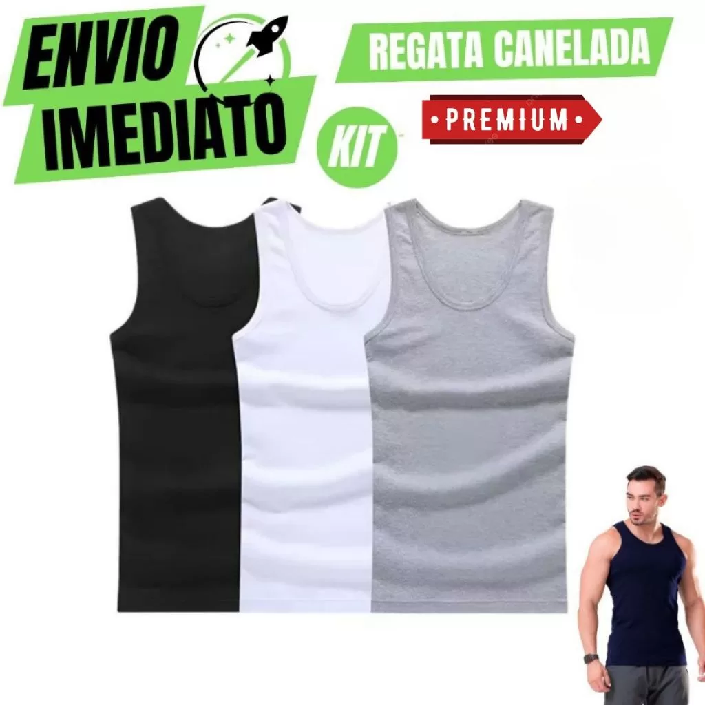 Jogo 3 Regata Masculina Premium Modelo Americano Canelada Básica Algodão e Elastano