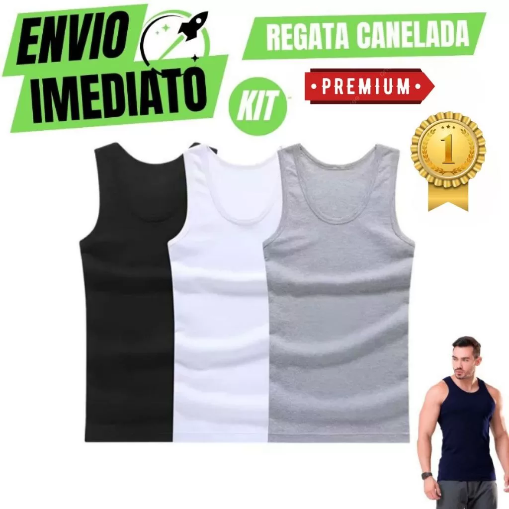 Jogo 3 Regata Canelada Premium Masculina Modelo Americano Básica Algodão e Elastano Fitness Academia