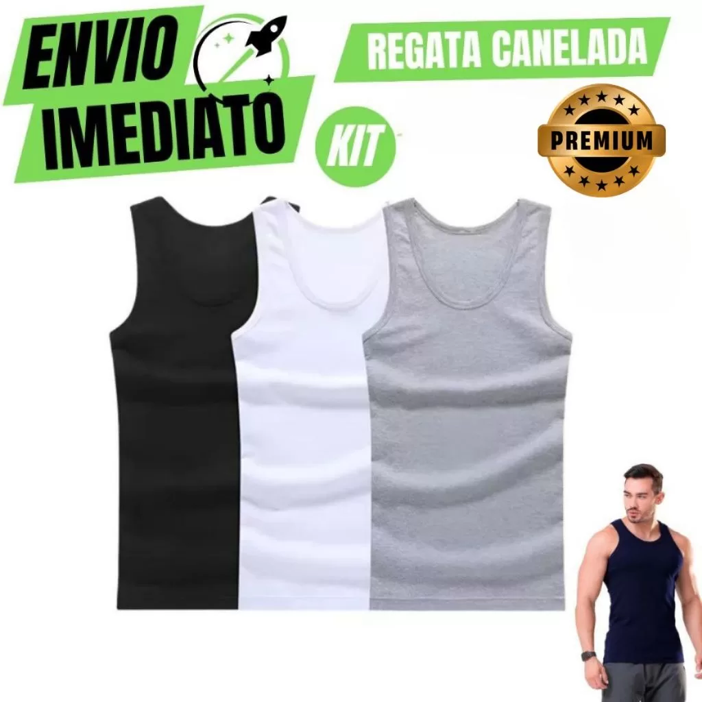 Jogo Regata Masculina Modelo Americano Canelada Premium Algodão e Elastano Fitness Academia