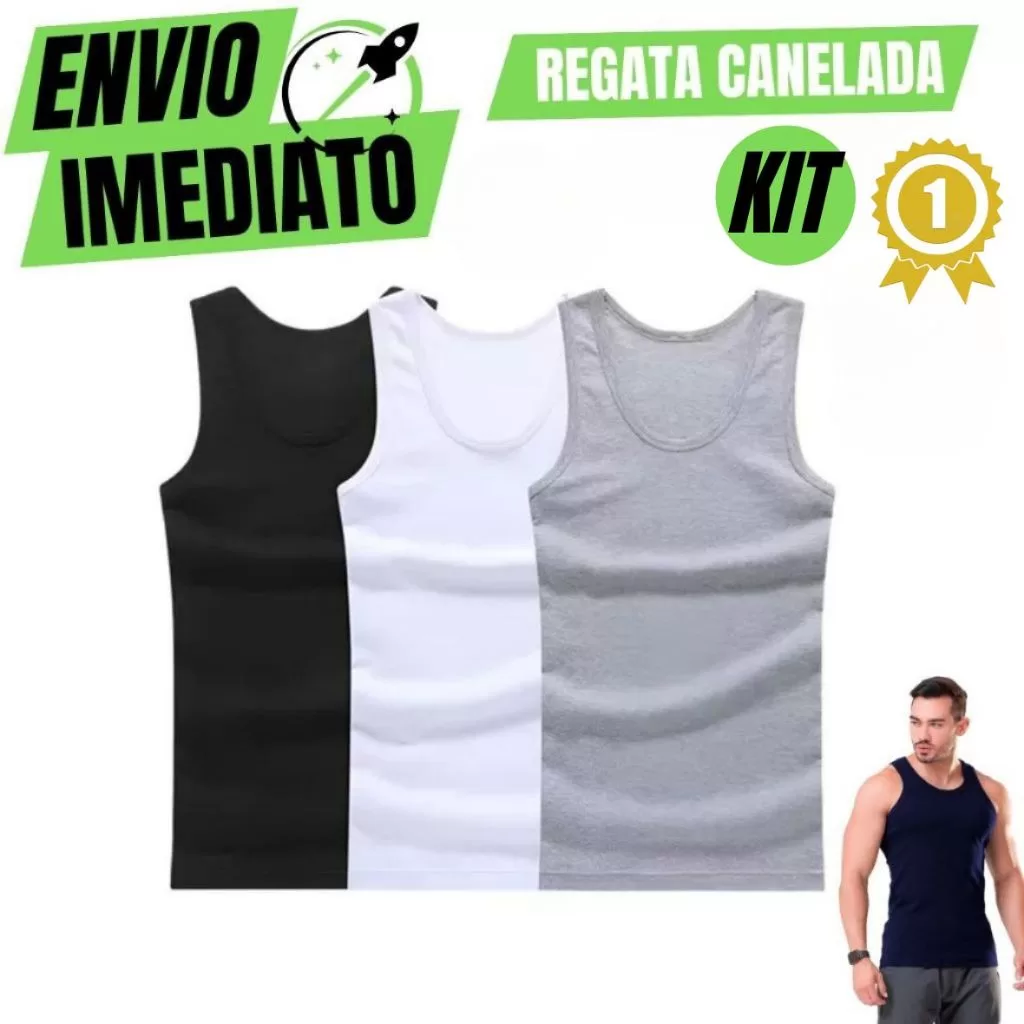 Kit 3 Regata Canelada Premium Masculina Modelo Americano Basica Algodão e Elastano