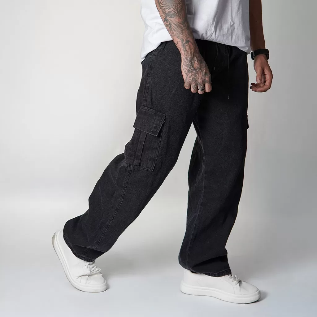 Calça Cargo Jeans Queimado Larga Masculina Streetwear Bolsos Laterais Jeans Modelo Exclusivo 2025